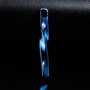 Macro detail of electroplated electric blue twisted rectangle pendant in polished steel