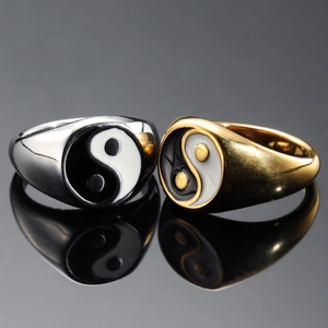Vintage stainless steel Tai Chi Yin Yang signet rings in gold and silver finishes