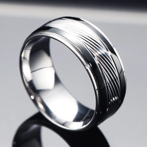 Mens silver titanium steel ring with double black beveled edges and twill diamond pattern