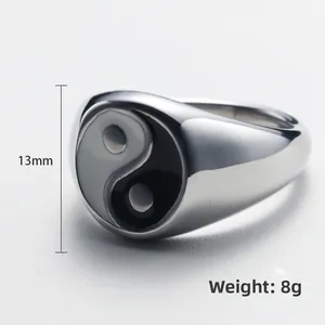 Vintage stainless steel Yin Yang signet ring with 13mm height and 8g weight specs
