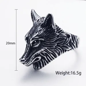 Punk vintage Viking wolf head ring in black titanium steel with a detailed 20mm profile