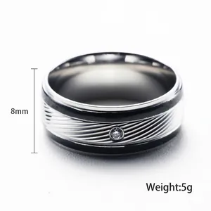 8mm titanium steel men's ring with black edges, wave pattern and single zircon stone