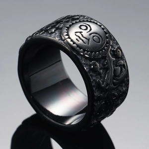 Retro punk style titanium steel ring with sun and moon relief engraving in dark grey finish