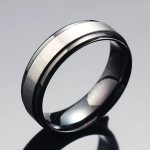 Minimalist stainless steel ring with silver brushed surface and black polished edges