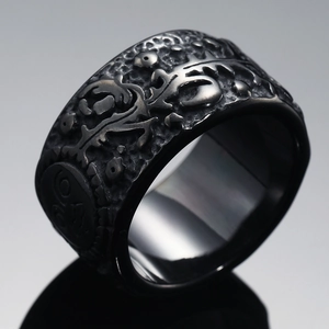 Vintage sun and moon engraved wide titanium steel ring in retro black finish