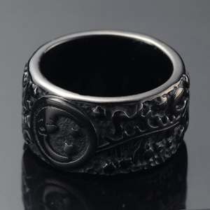 Vintage sun and moon engraved black stainless steel ring with gothic relief texture