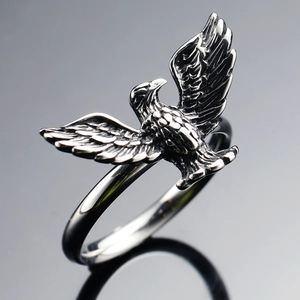 Vintage stainless steel eagle ring featuring detailed spreading wings in retro oxidized finish