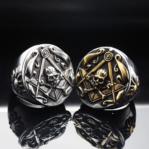 Retro Punk Stainless Steel Masonic Skull Ring For Men Gothic Signet Ring Vintage Gold Silver Two Tone Band Jewelry