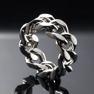 Polished silver stainless steel Cuban link chain ring for a trendy hip-hop style look