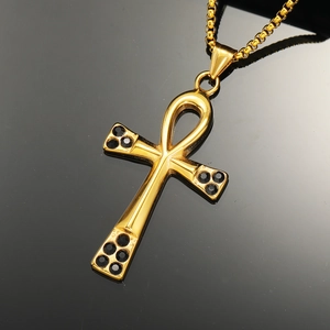 Polished gold Ankh cross pendant necklace with black rhinestones and sturdy box chain