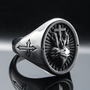 Vintage Gothic Punk Sacred Heart and Cross Signet Ring in Antiqued Stainless Steel