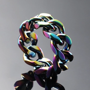 Rainbow hollow mechanical chain ring in stainless steel with colorful metallic finish
