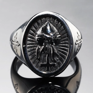 Vintage punk cross heart titanium steel ring with relief engraving and silver finish