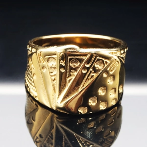 Punk style golden stainless steel ring featuring detailed royal flush poker card design