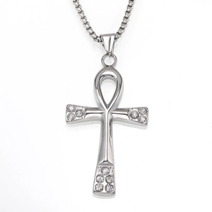 Polished stainless steel Egyptian Ankh cross pendant necklace with crystal accents