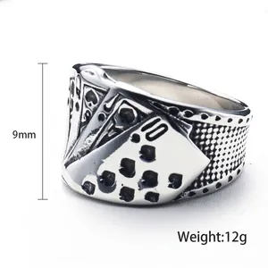 Punk style stainless steel poker royal flush ring with textured edges, 9mm width