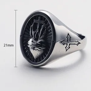 Vintage punk stainless steel ring with Sacred Heart and Cross design 21mm 10g