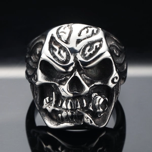 Punk Gothic Skull Rose Ring For Men Stainless Steel Flame Pattern Retro Silver Distressed Skull Biker Band Finger Jewelry