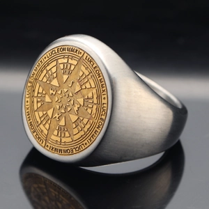 Punk vintage men's two-tone stainless steel compass signet ring with engraved star