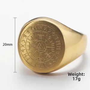 Anillo brújula vikinga dorado de acero inoxidable con símbolo Valknut y runas nórdicas