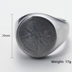 Punk vintage stainless steel signet ring with compass star design and 20mm face