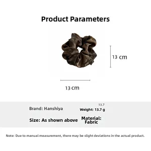 Detail showing a 13cm brown leopard print scrunchie with dimensions and weight info
