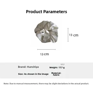 Detail showing 13cm size of white marble pattern satin hair scrunchie with 17.7g weight