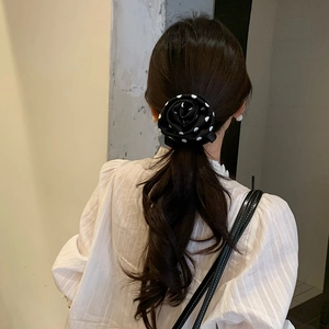 French style black polka dot camellia scrunchie floral hair tie for women ponytail
