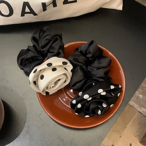 Three-piece French style satin scrunchies set in black and polka dot patterns
