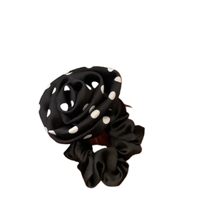 French style polka dot camellia rose hair scrunchie with elegant black satin fabric