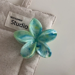 Detailaufnahme einer blau-grünen Haarklammer mit Blumenmuster auf einer Canvas-Tasche