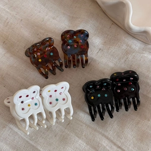 Acetate flower hair claw clips with colorful rhinestones in white, black and tortoiseshell