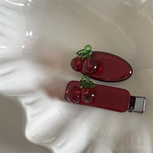 Chic translucent red cherry hair clips with resin base and metallic duckbill clip