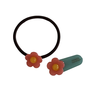 Haarschmuck-Set mit rosa Harzblumen-Haargummi und blaugrüner Haarspange für Damen