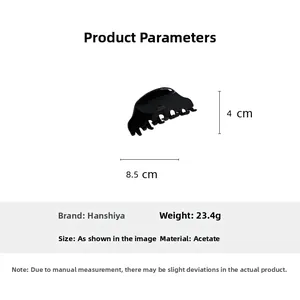 Detail showing 8.5cm black cellulose acetate hair claw clip dimensions and 23.4g weight
