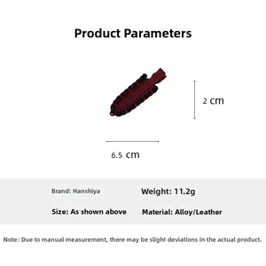 Detail view of a 6.5cm red faux leather wrapped alloy hair clip with size and weight info