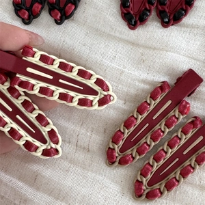 Vintage red leather woven alloy hair clip set with elegant braided texture and metal base