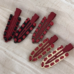 Set of 5 red vintage leather wrapped alloy hair clips with stylish woven textures