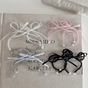 French Romantic Beaded Bow Hair Clip For Women Vintage Crystal Bead Imitation Artificial Pearl Ribbon Bowknot Duckbill Fringe Side Clip