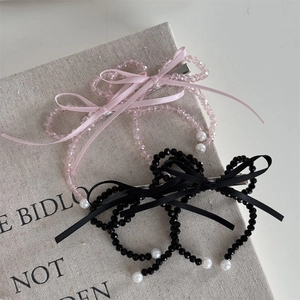 French romantic beaded bow hair clips with pink and black crystals and small pearls