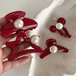 Vintage Burgundy Red Hair Claw Clips With Faux Artificial Pearl Elegant Star Bow Shape Fashion Hair Accessories For Women New Year