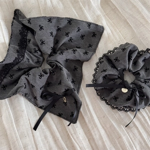 Korean Sweet Lace Bowknot Scrunchie For Women Gray Fabric Hair Tie With Black Print Retro Elegant Hair Accessories