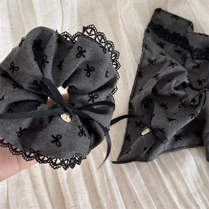 Grey lace scrunchie with black ribbon bow and vintage floral pattern for buns