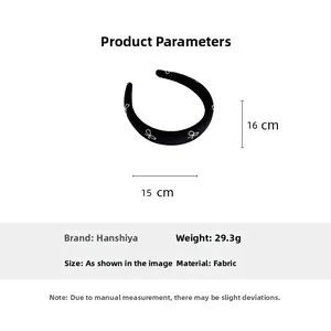 Detailed size chart for black embroidered bow headband with dimensions 16cm by 15cm