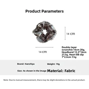 Detail specifications of blue plaid hair scrunchie with lace trim and 14cm diameter size