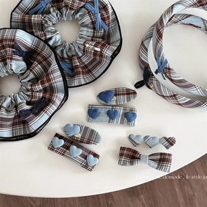 British Style Blue Plaid Hair Accessories Set French Vintage Heart Bow Hair Clips Scrunchies Headbands For Women Girls Jewelry