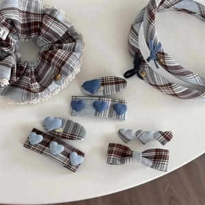 British style blue plaid hair clip set with lace scrunchies and heart hairpins