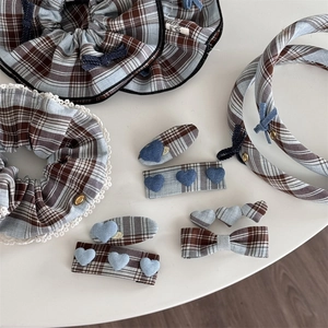 British style blue plaid hair accessories set with lace scrunchie and heart hair clips