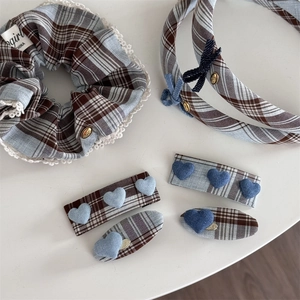 British blue plaid hair accessory set with lace scrunchie and heart hairpins