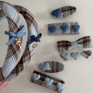 British style blue plaid hair accessory set featuring heart details and bow hair clips